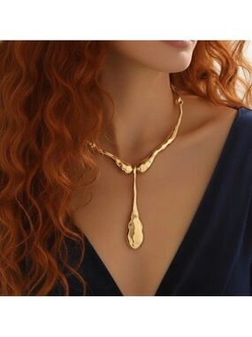 Solanales Teardrop Necklace Gold Molten Hammered Boho Statement Sculptural